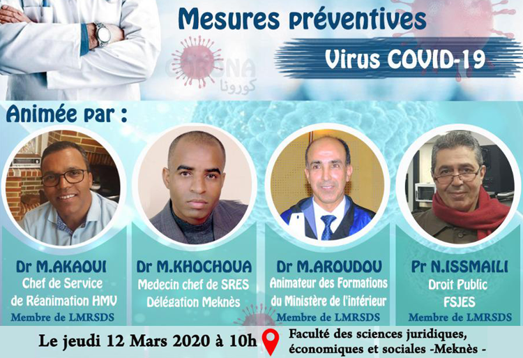 Séance de sensibilisation sous le thème « Mesures Préventives - Virus COVID-19 » à la FSJES Meknès